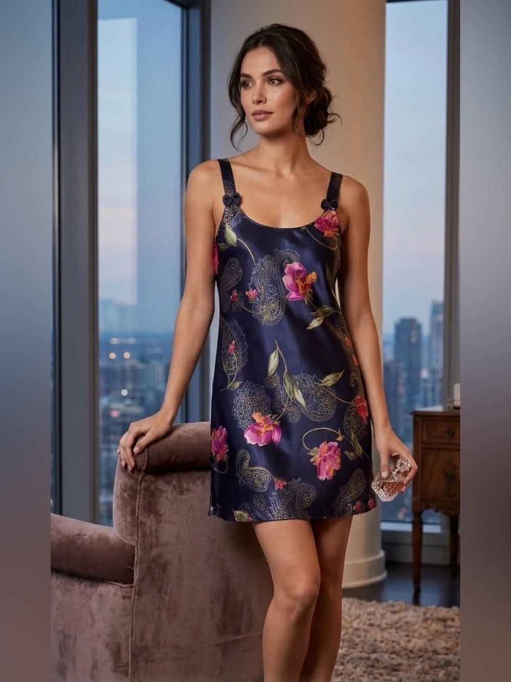 Vintage Nightgown Womens Small Blue Floral Satin Lingerie Chemise Negligee Dress